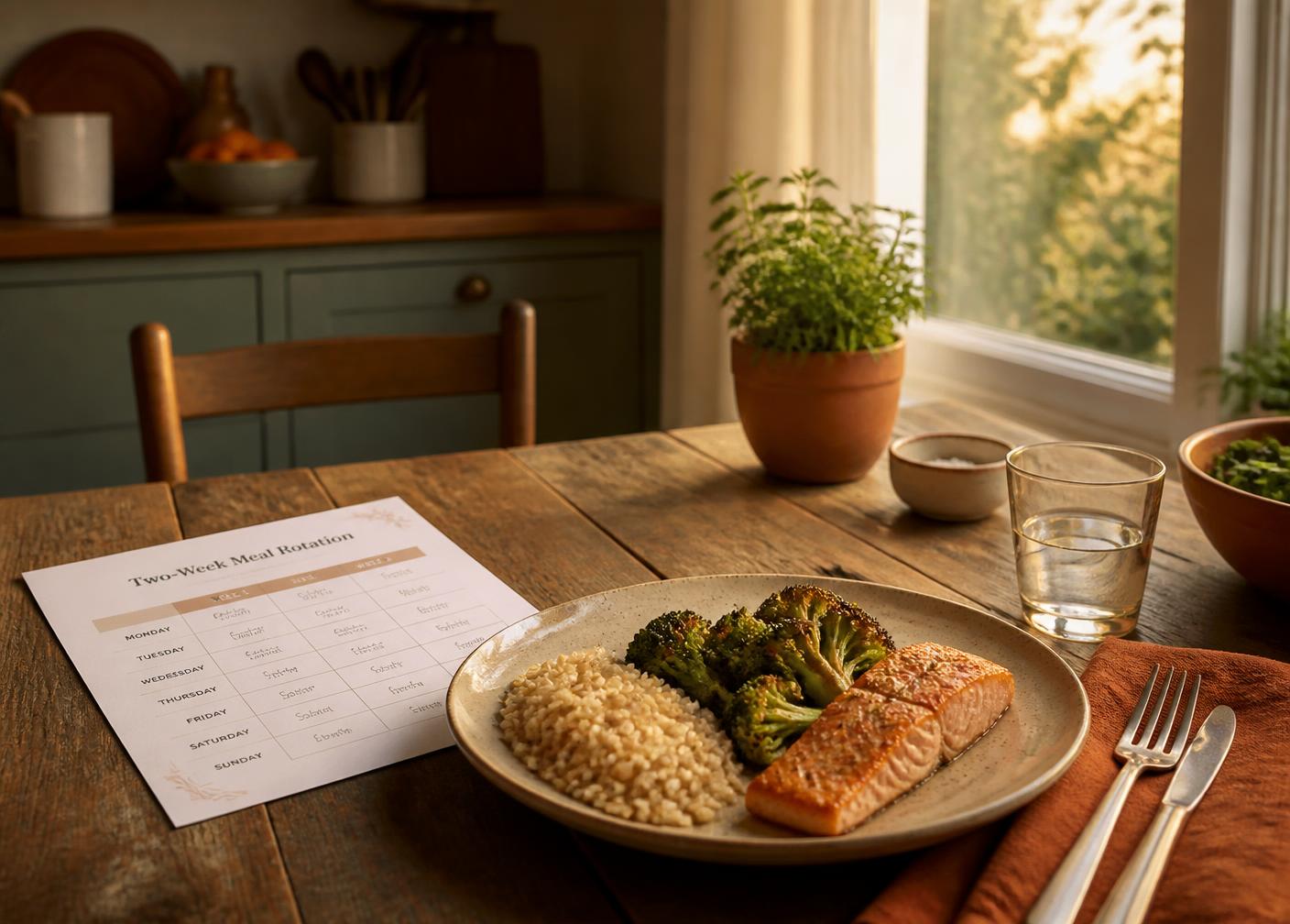 A simple weeknight dinner on a wooden table beside a printed two-week meal rotation